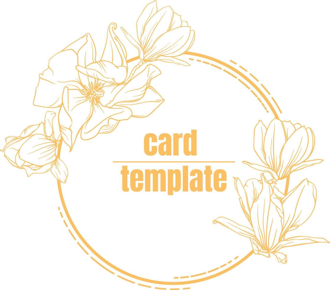 plantilla para tarjeta, tarjeta de felicitación, invitación. idea del logotipo de la flor. marco dorado con flores de magnolia con contorno dorado sobre un fondo transparente. ilustración vectorial vector