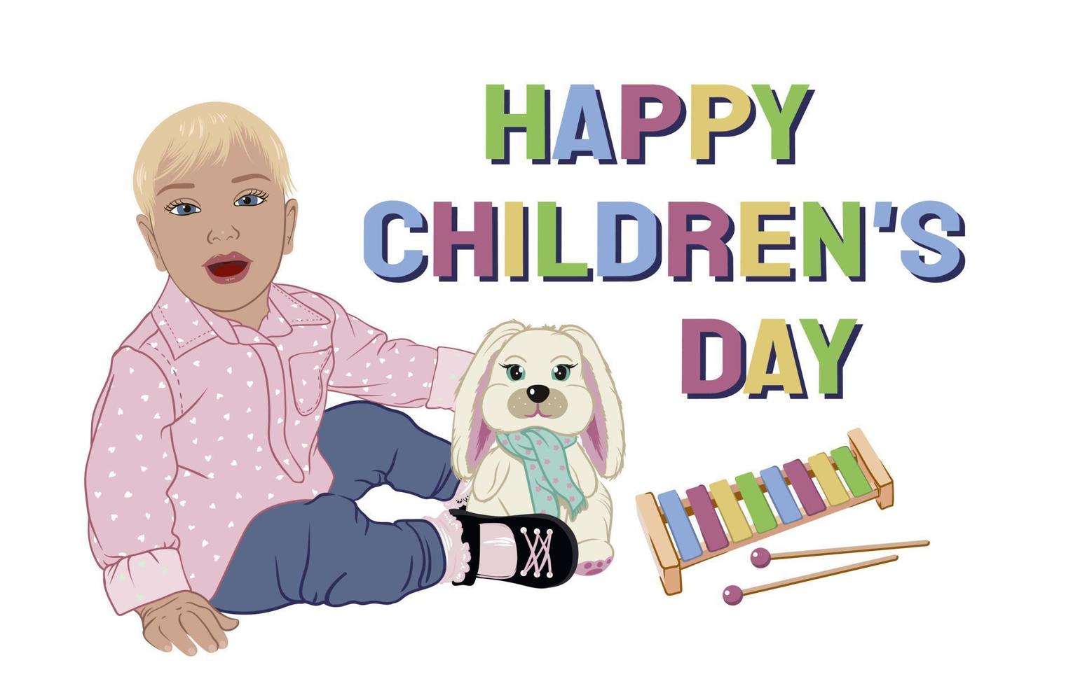 greeting card Happy Children's Day. a happy blond child in a pink shirt with white hearts plays with a plush rabbit and a xylophone vector