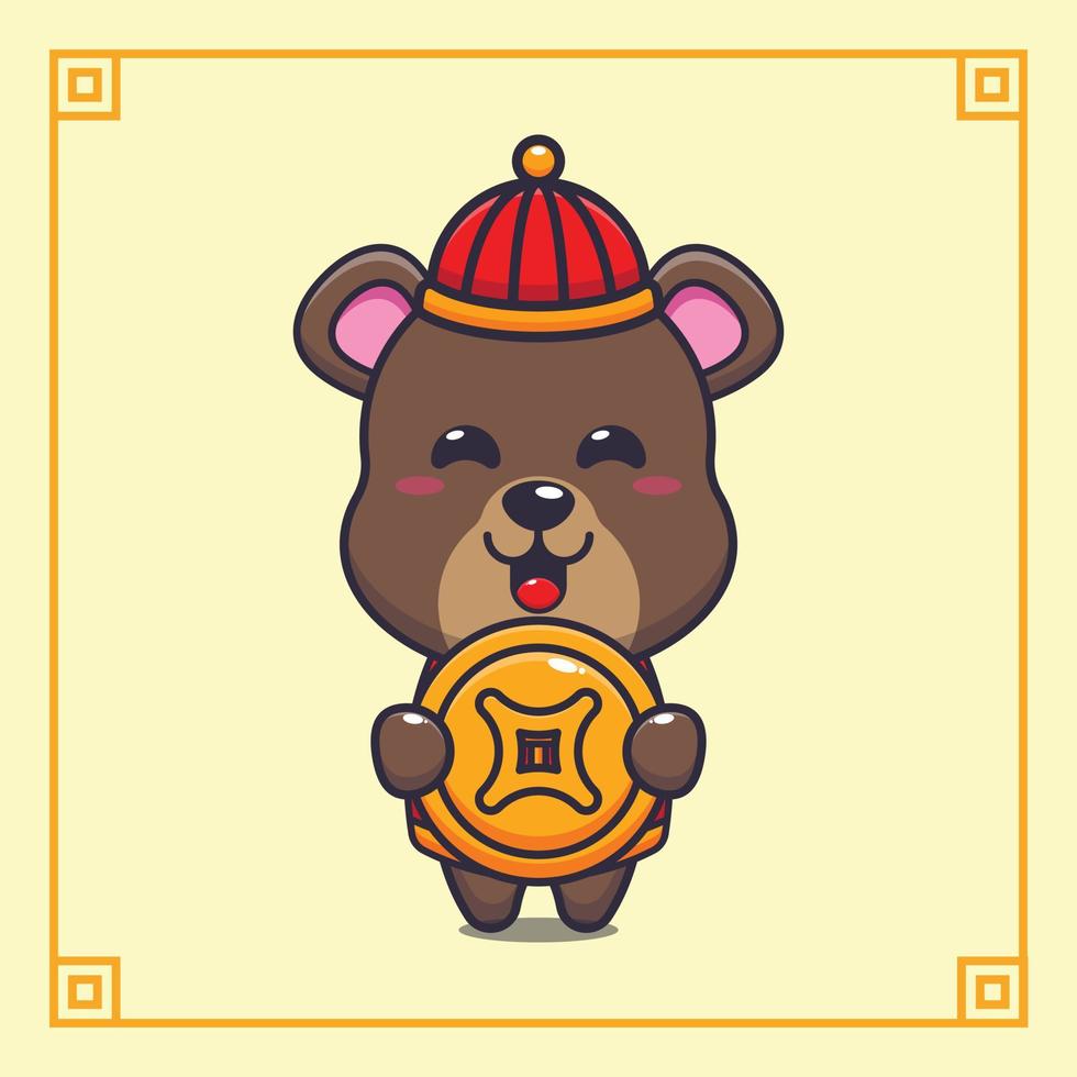 lindo oso con moneda de oro en el año nuevo chino. ilustración de dibujos animados vectoriales adecuada para póster, folleto, web, mascota, pegatina, logotipo e icono. vector