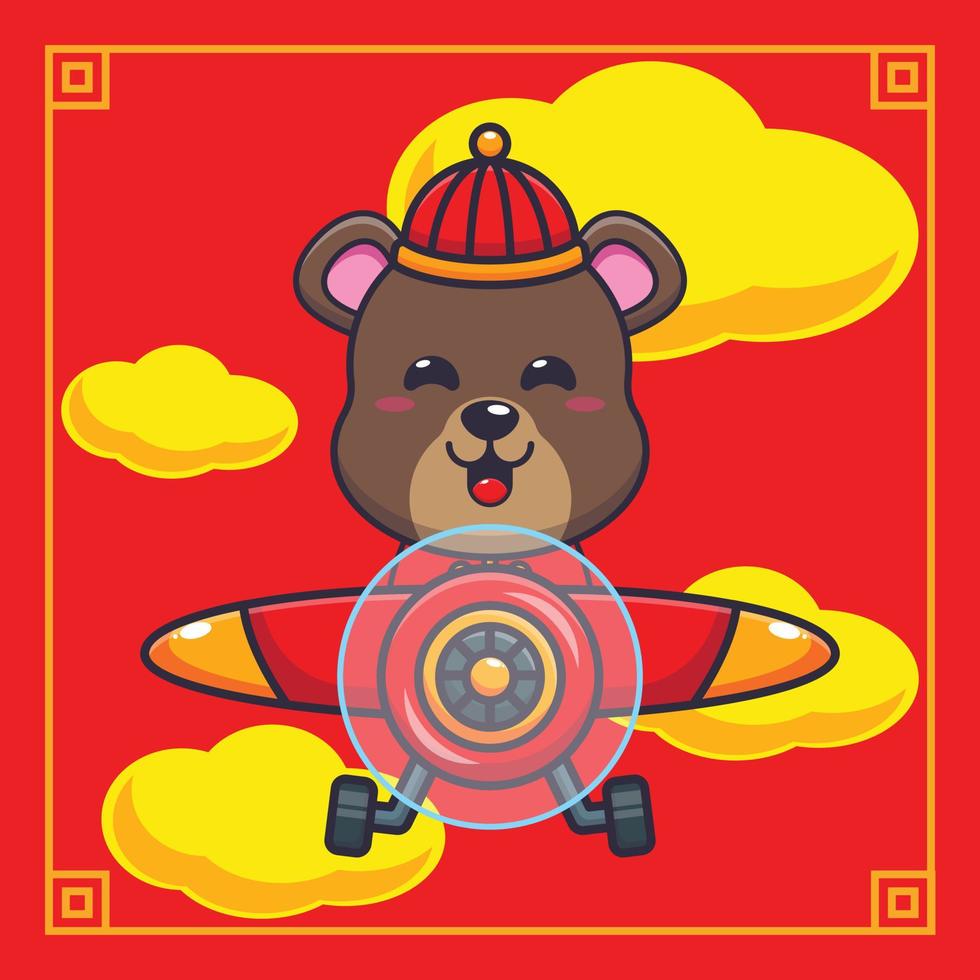 lindo oso vuela con avión en año nuevo chino. ilustración de dibujos animados vectoriales adecuada para póster, folleto, web, mascota, pegatina, logotipo e icono. vector