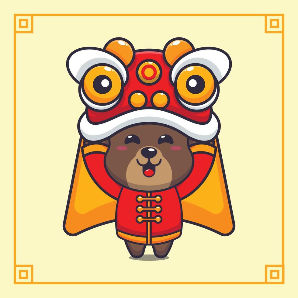 Cute bear playing lion dance in chinese new year. Vector cartoon Illustration suitable for poster, brochure, web, mascot, sticker, logo and icon.