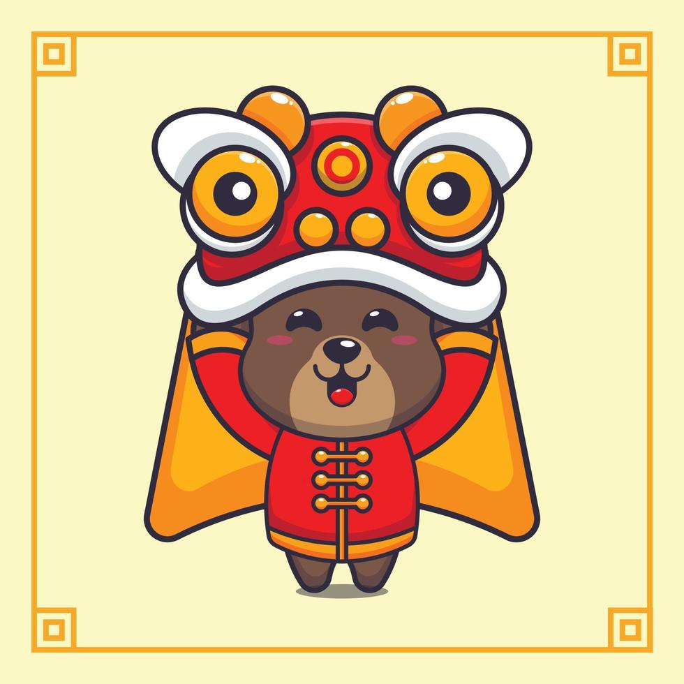 lindo oso jugando la danza del león en el año nuevo chino. ilustración de dibujos animados vectoriales adecuada para póster, folleto, web, mascota, pegatina, logotipo e icono. vector