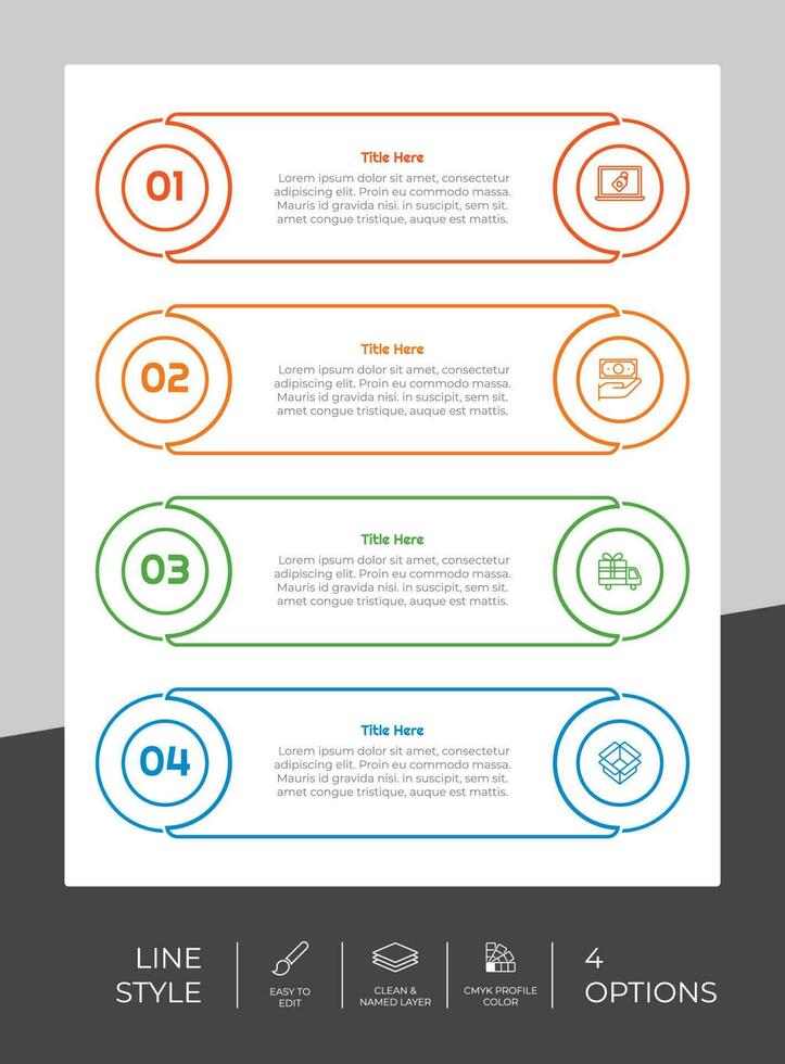 infografía de opción de negocio de presentación con estilo de línea y concepto colorido. Se pueden usar 4 opciones de infografía para fines comerciales. vector