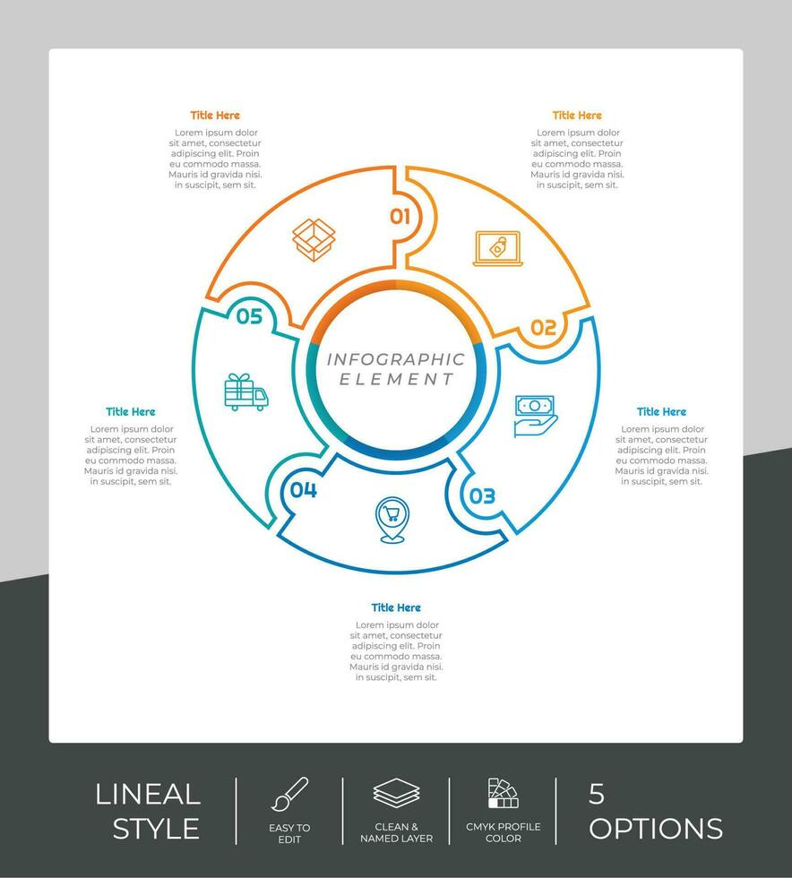 5 opciones de diseño vectorial infográfico de línea con objeto circular para marketing. la infografía opcional se puede utilizar para presentaciones y negocios. vector