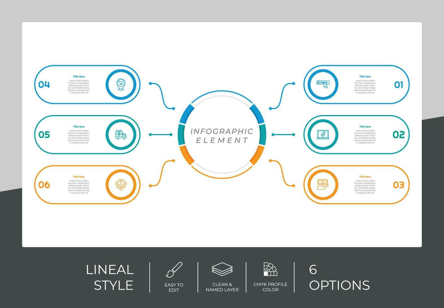 Circle option infographic vector design with 6 options colorful style for presentation purpose.Line option infographic can be used for business and marketing