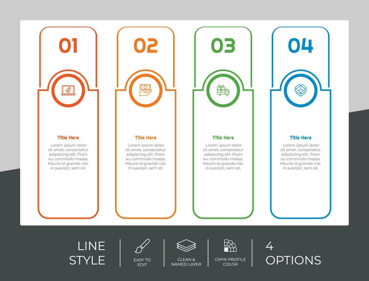 diseño de vector infográfico de flujo de trabajo con 4 pasos y diseño de línea. la infografía de pasos se puede utilizar para presentaciones, informes anuales, fines comerciales.