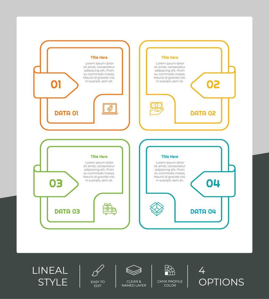 Square option infographic vector design with 4 options colorful style for presentation purpose.Line option infographic can be used for business and marketing