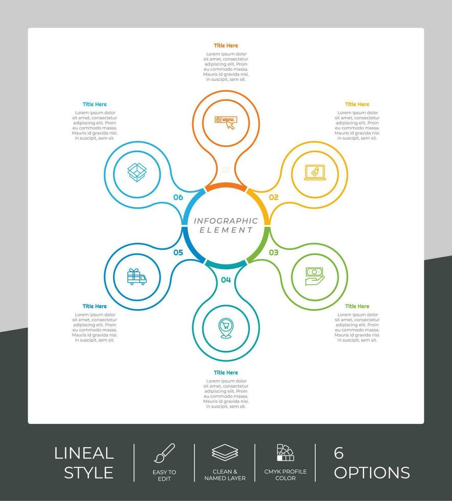 Circle option infographic vector design with 6 options colorful style for presentation purpose.Line option infographic can be used for business and marketing