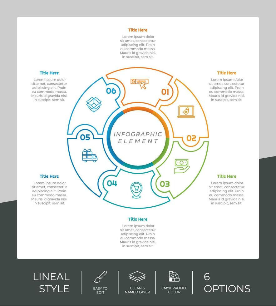 Circle option infographic vector design with 6 options colorful style for presentation purpose.Line option infographic can be used for business and marketing
