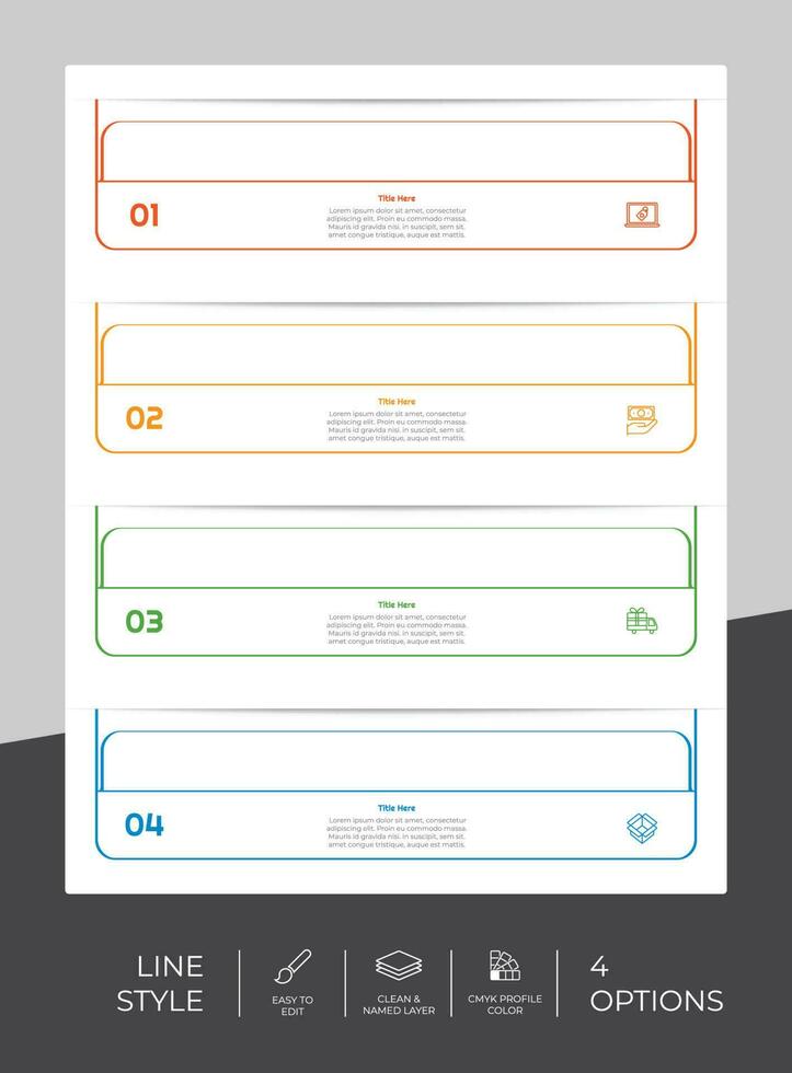 diseño de vector infográfico de flujo de trabajo con 4 pasos y diseño de línea. la infografía de pasos se puede utilizar para presentaciones, informes anuales, fines comerciales.