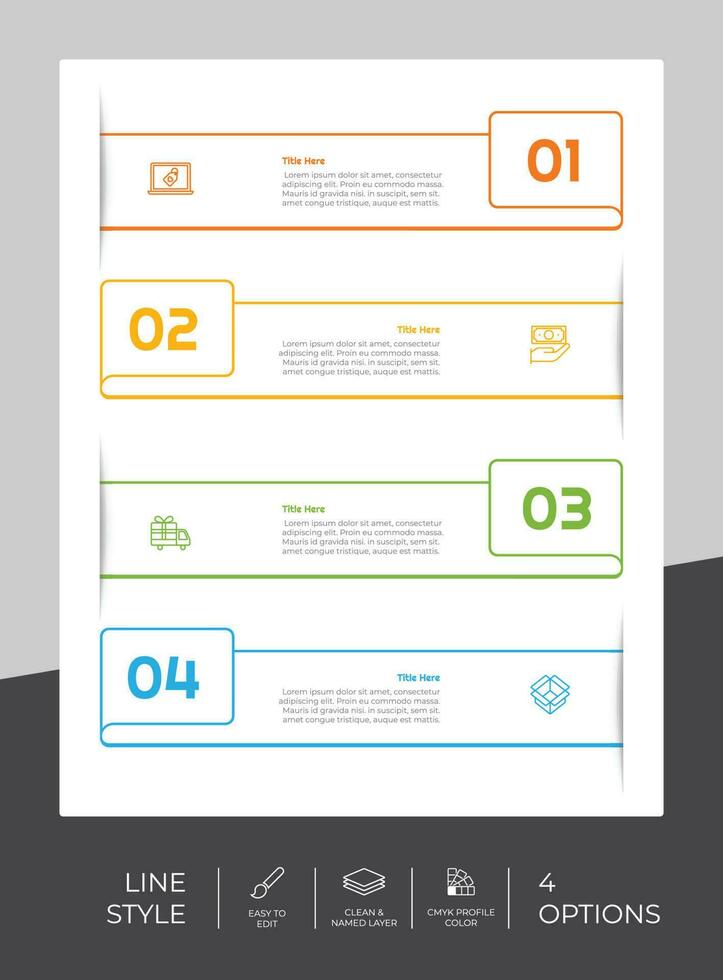 infografía de opción de negocio de presentación con estilo de línea y concepto colorido. Se pueden usar 4 opciones de infografía para fines comerciales. vector