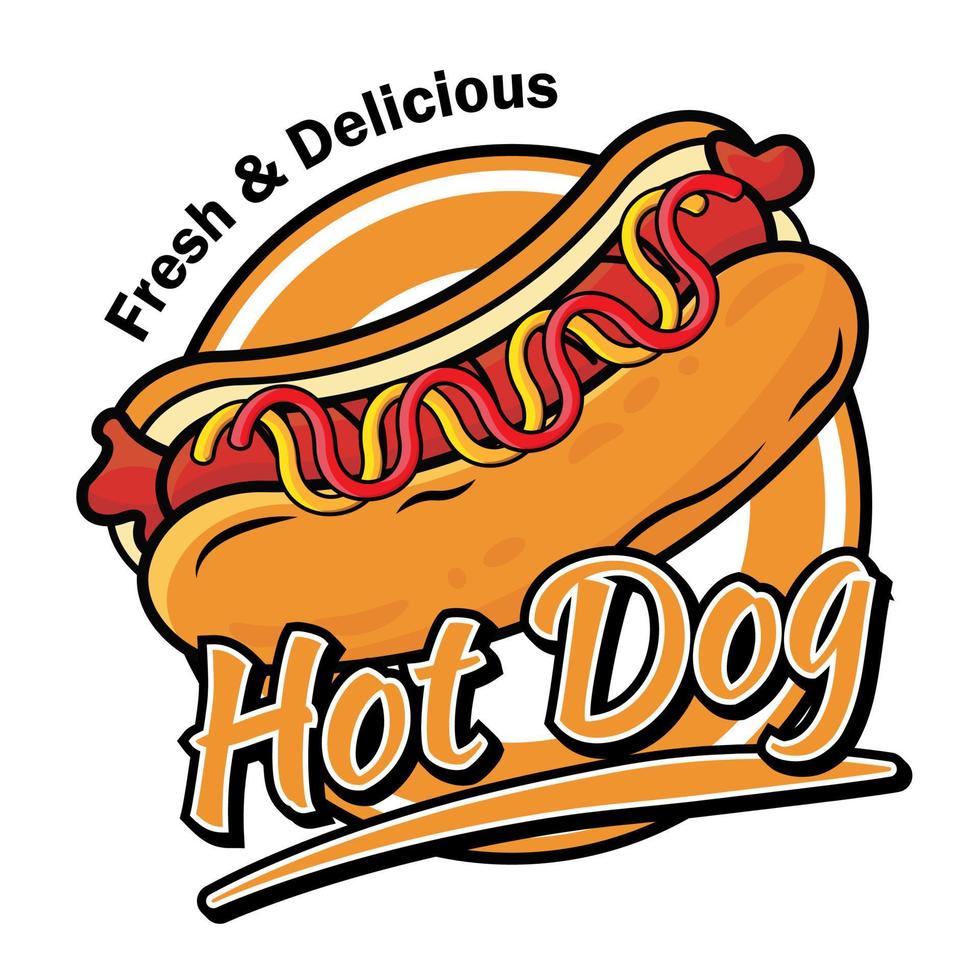 hot dog salchicha comida logo marca producto dibujos animados estilo vector ilustración texto editable