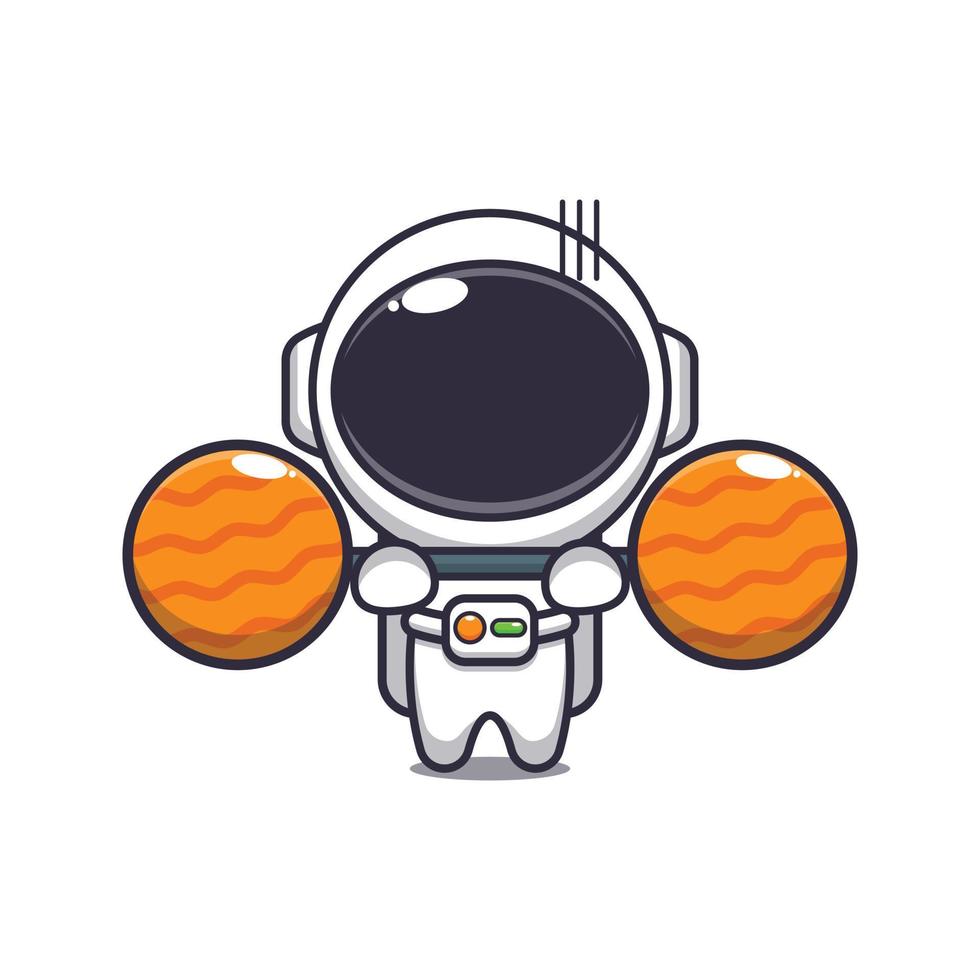 lindo astronauta levantando planeta barbell dibujos animados vector ilustración. ilustración de dibujos animados vectoriales adecuada para póster, folleto, web, mascota, pegatina, logotipo e icono.