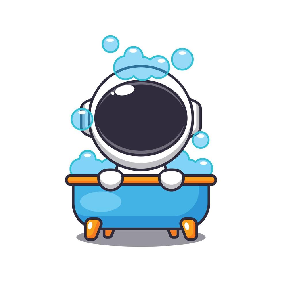 Cute astronaut taking bubble bath in bathtub cartoon vector illustration. Vector cartoon Illustration suitable for poster, brochure, web, mascot, sticker, logo and icon.