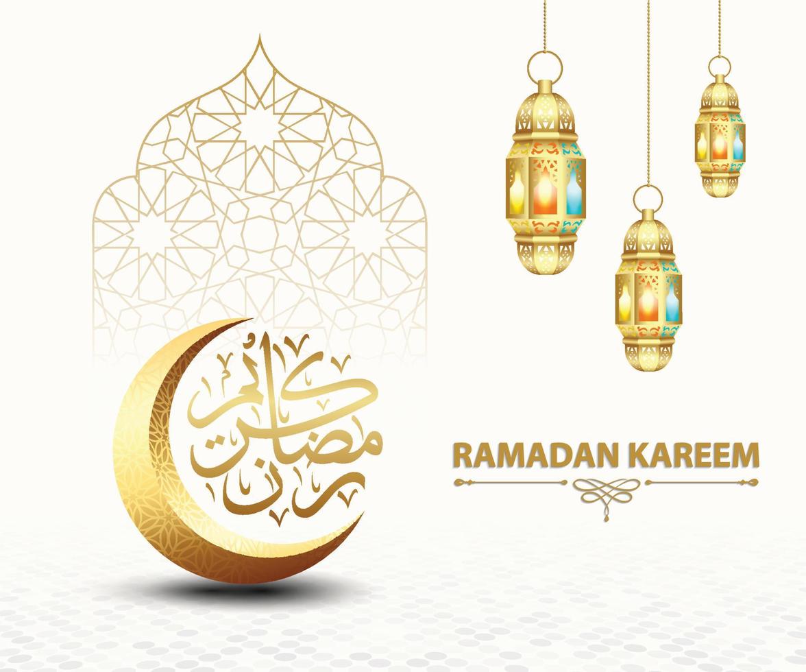 Ramadan Kareem greeting card vector with golden luxurious crescent moon and hanging lantern