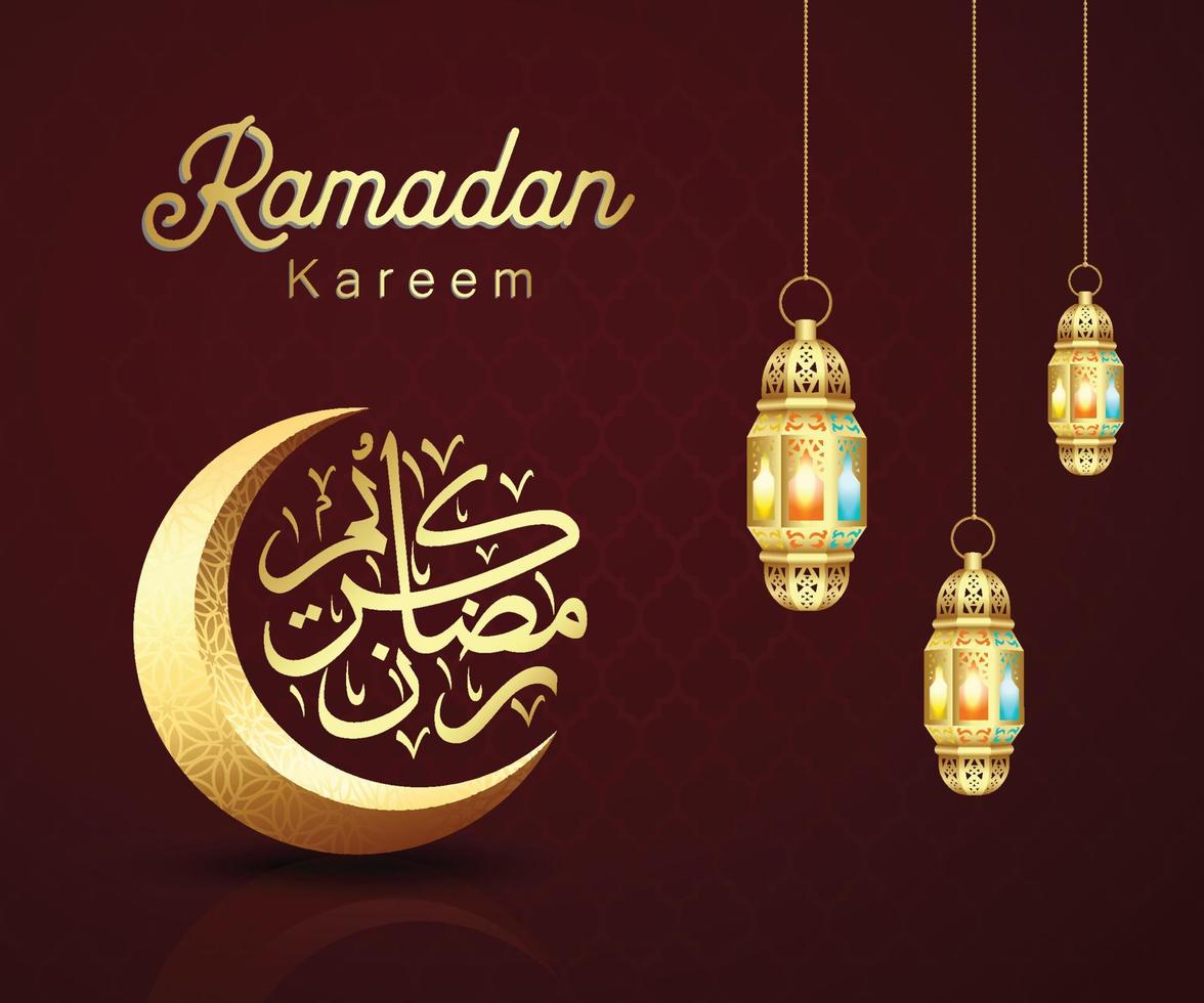 Islamic Ramadan greeting design with crescent and hanging lantern vector