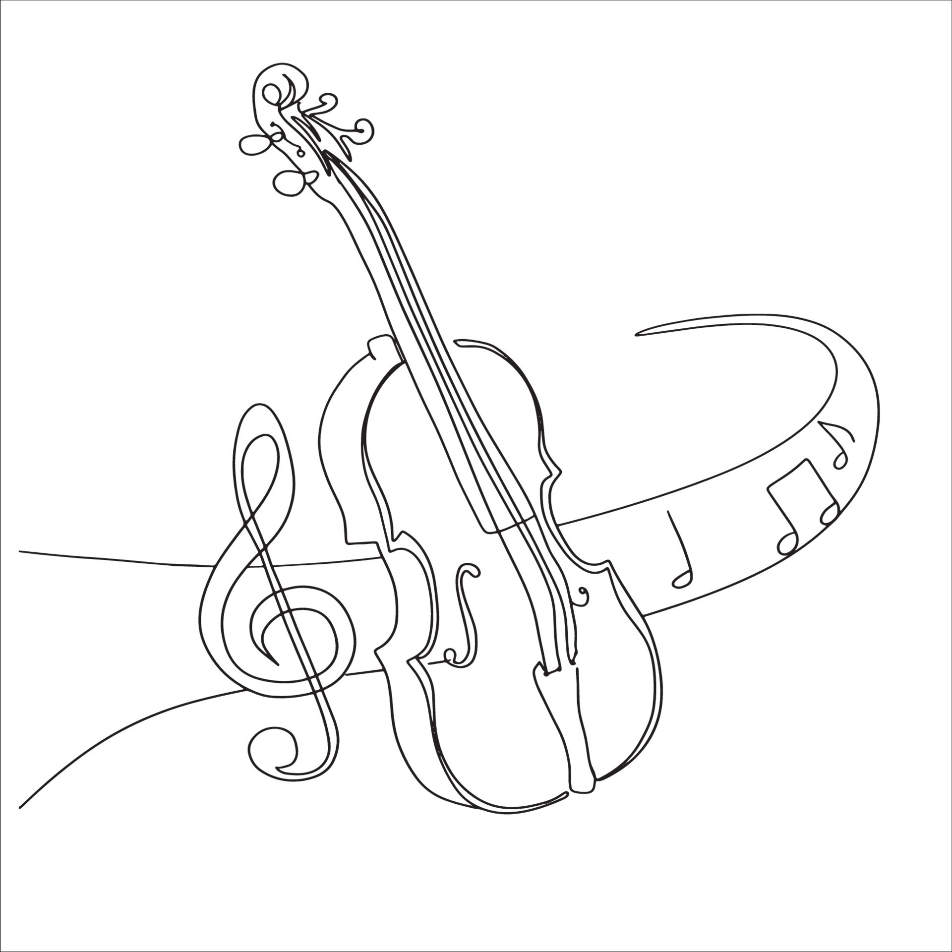 Violin Line Art, Music Instrument Sketch, Musical Outline Drawing