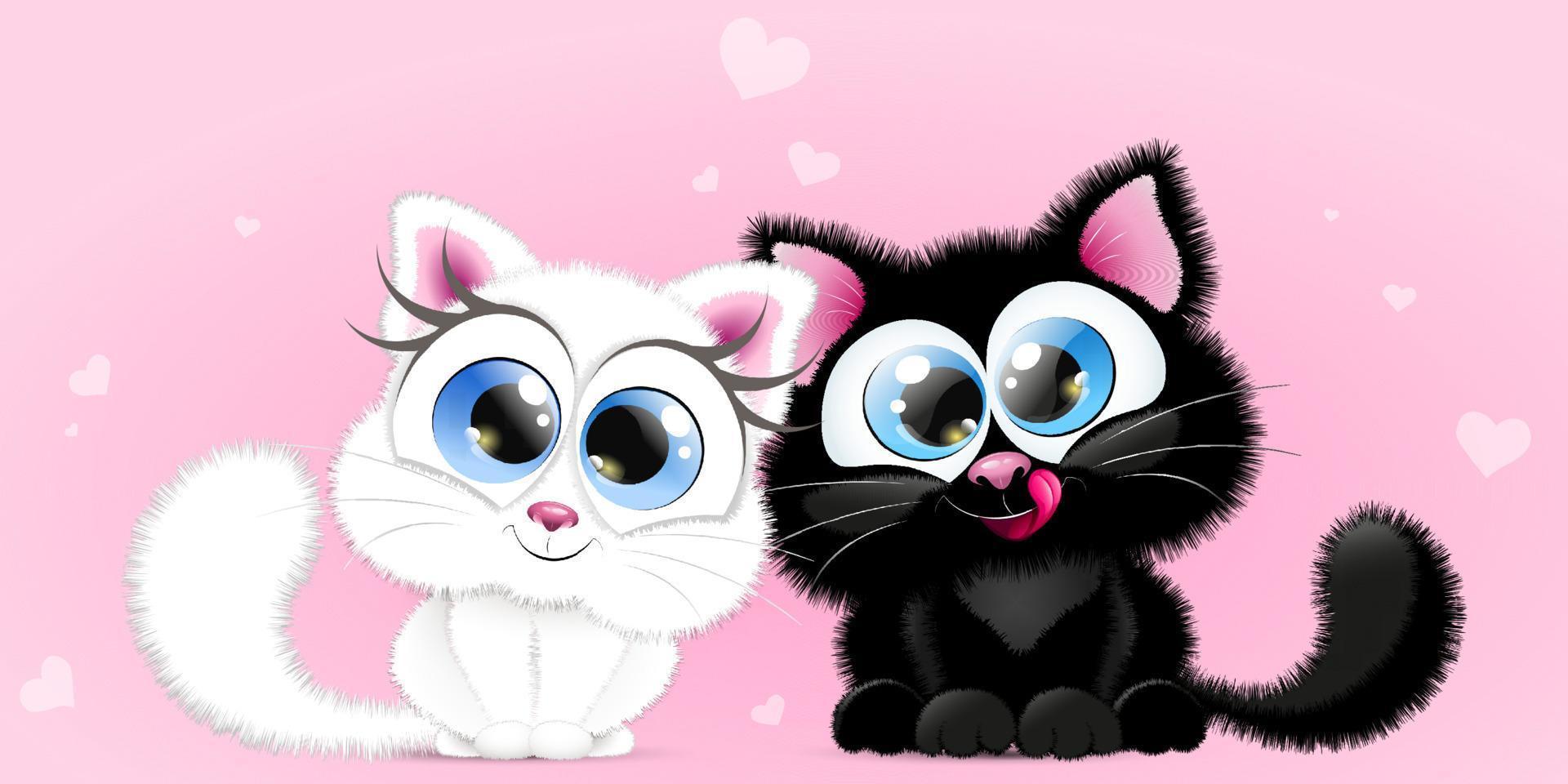 Cute cartoon fluffy black and white cat couple in love vector