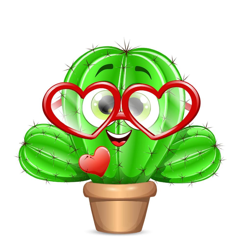 Funny cactus character in a pot with red heart-shaped glasses and a small heart stuck in the thorns vector