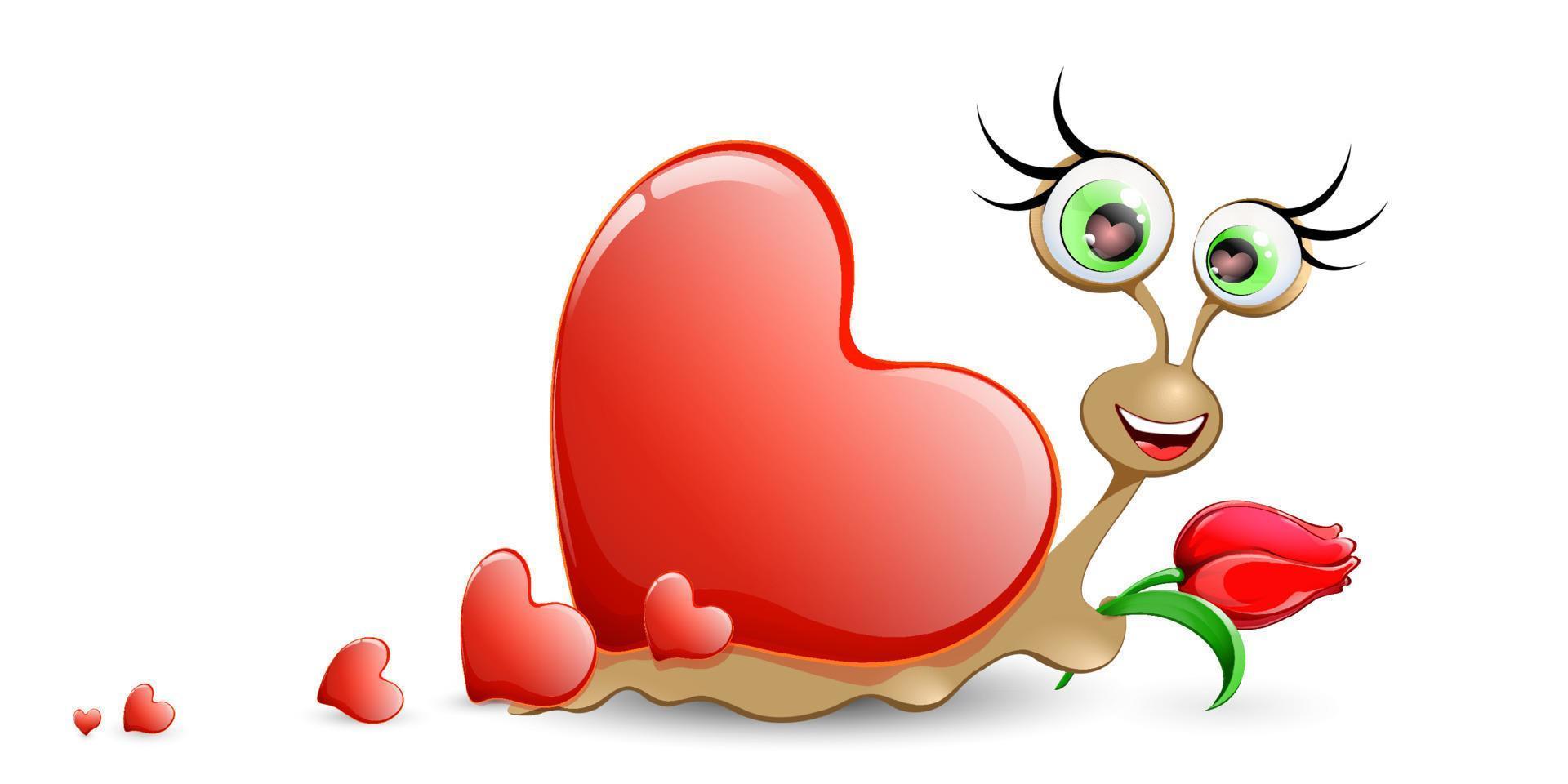 Funny cartoon snail girl with red hearts shape shell, holding tulip. vector