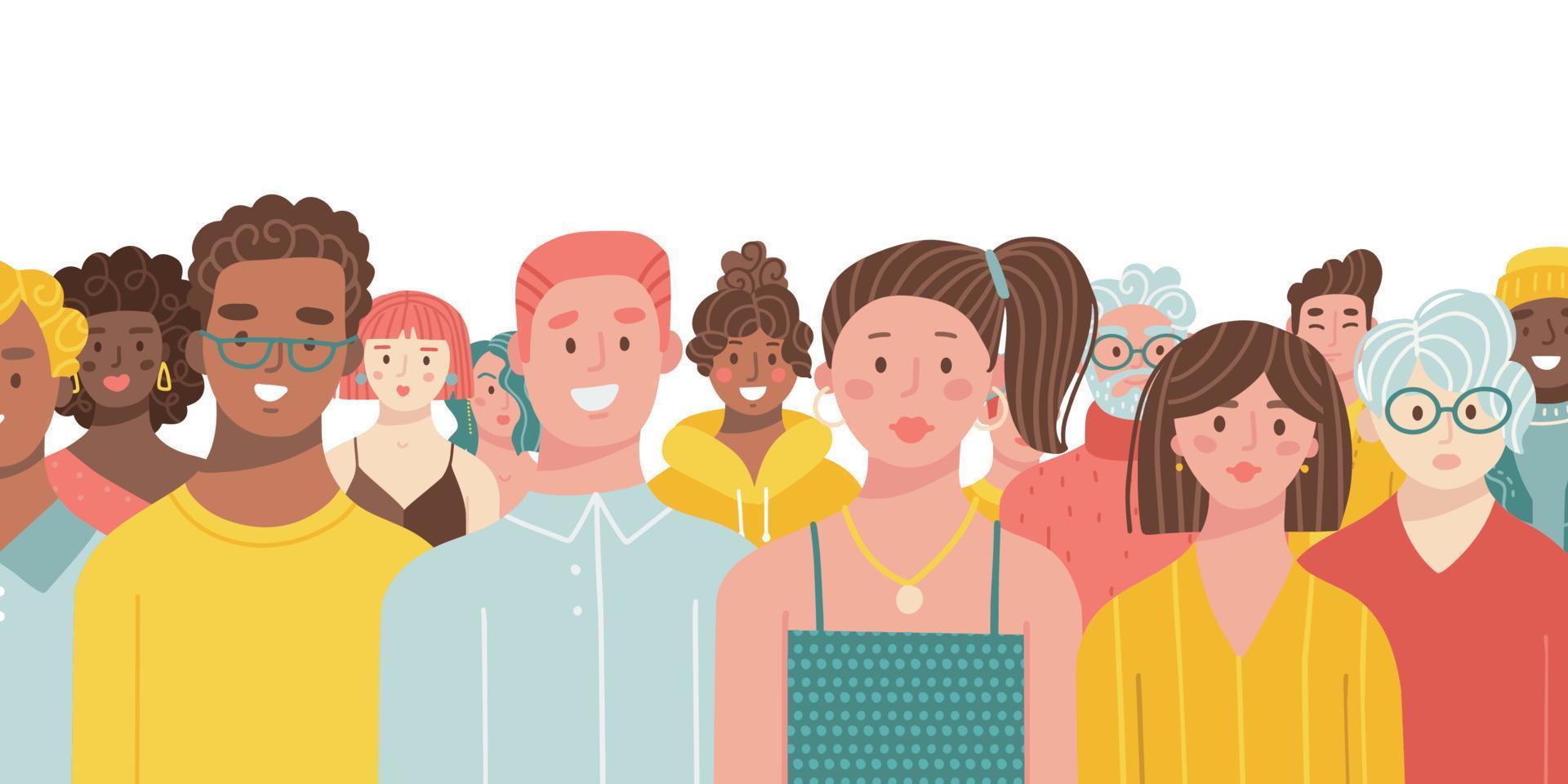 diversa multitud multirracial y multicultural de hombres y mujeres de diferentes edades aislados de fondo blanco. grupo de personas en perspectiva, vista frontal. ilustración vectorial plana. vector