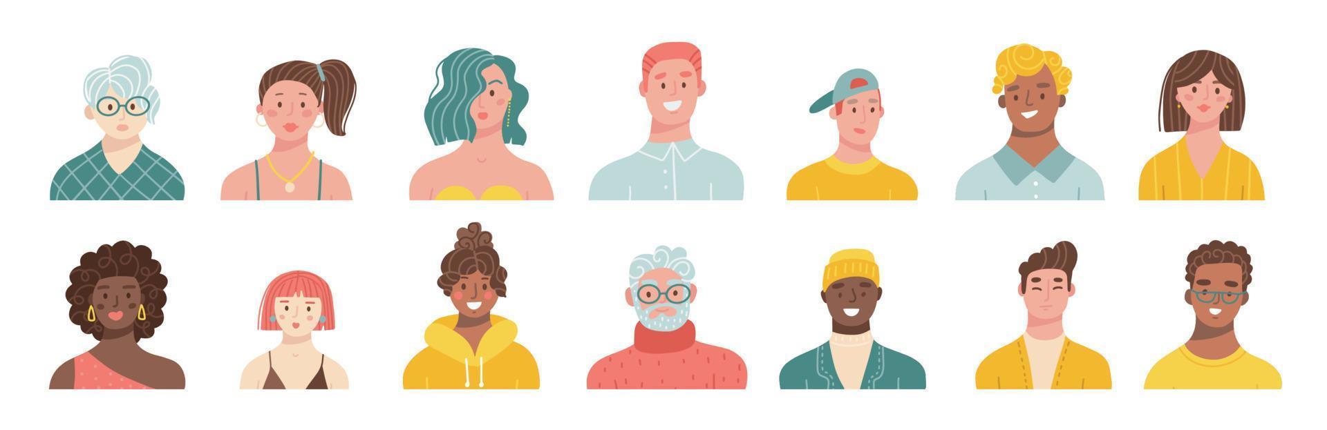 conjunto de retratos de personas de diferentes razas y edades. avatares de hombres y mujeres. ilustración dibujada a mano plana vectorial. vector