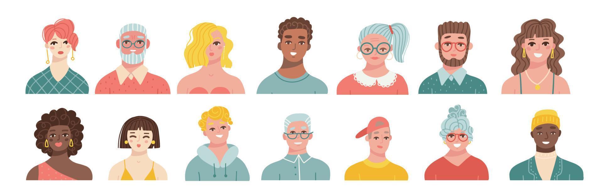 People head portraits big set. Diverse men and women faces of different age and race. Young, adult and old person avatars. Human characters bundle. Flat hand drawn vector illustrations isolated