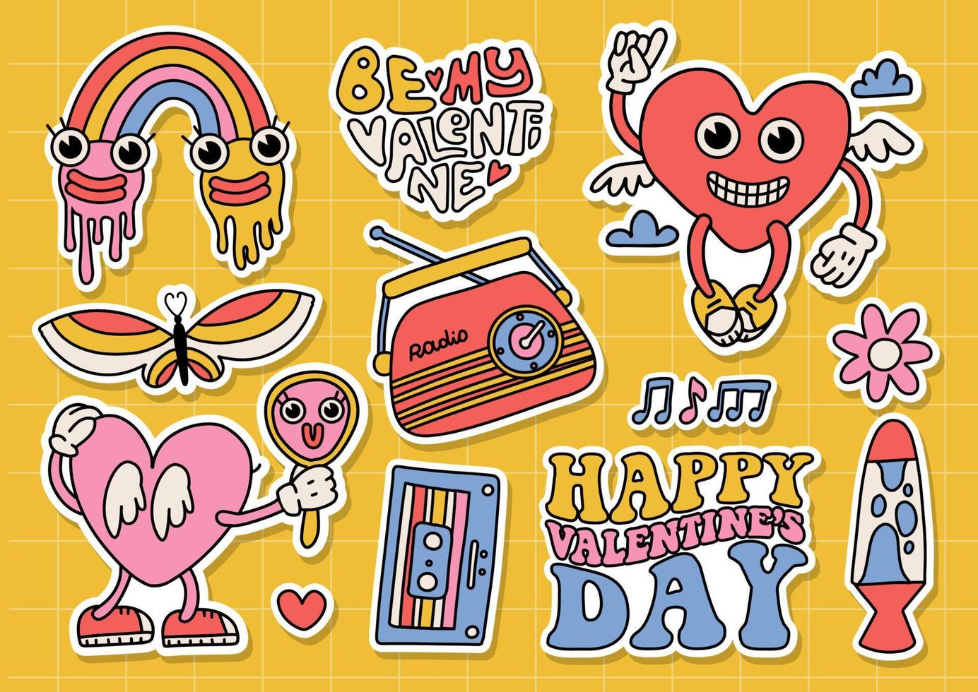 maravilloso juego de pegatinas hippie del día de san valentín. paquete de pegatinas de amor retro. personaje de corazón extraño cómico en el estilo de dibujos animados retro de moda de los años 60 y 70. mascotas y elementos antiguos. ilustración de contorno vectorial. vector