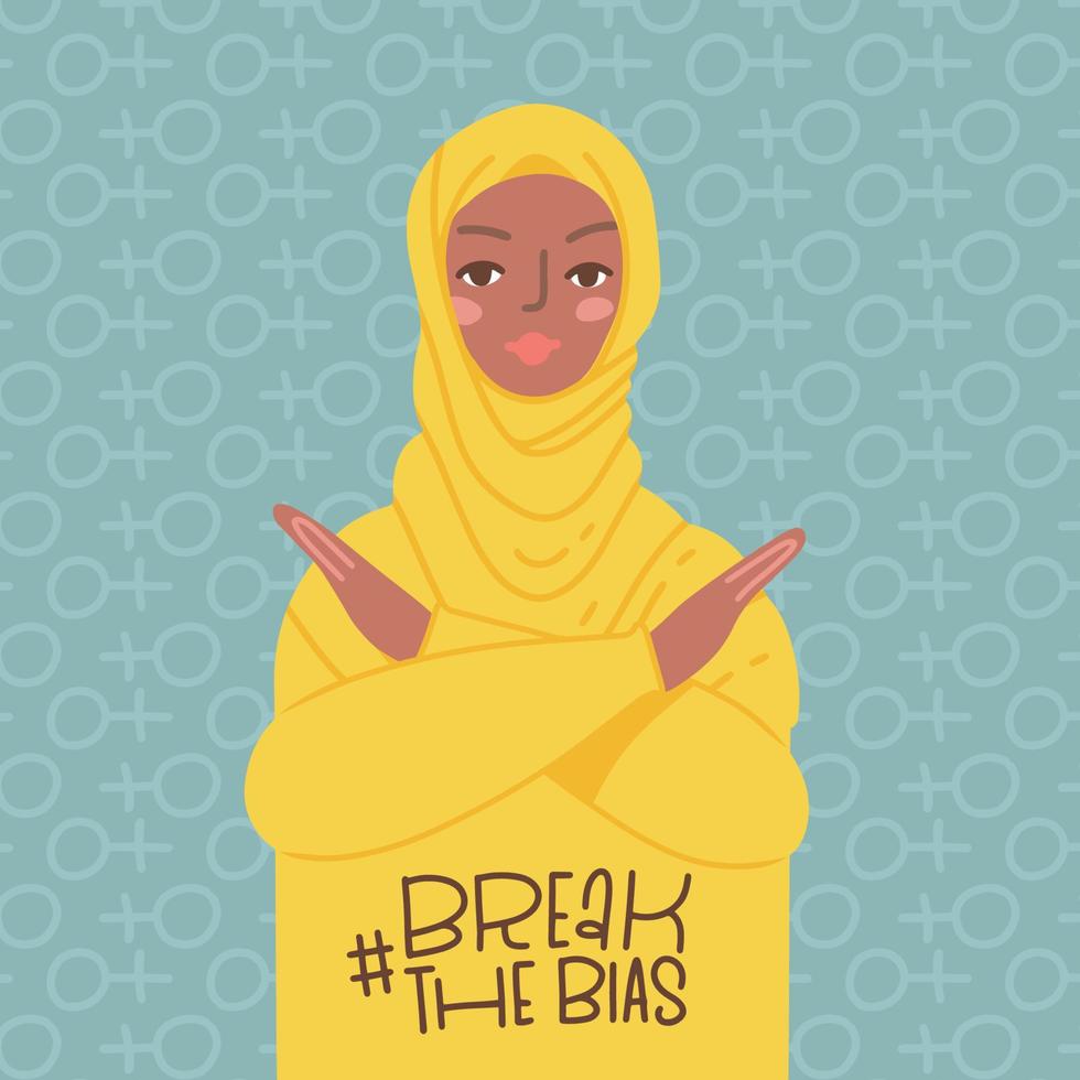 IWD card with Muslim woman with her arms crossed over her hands. Break The Bias campaign banner. International Women's Day. A movement against discrimination and stereotypes. Flat Hand Drawn Vector