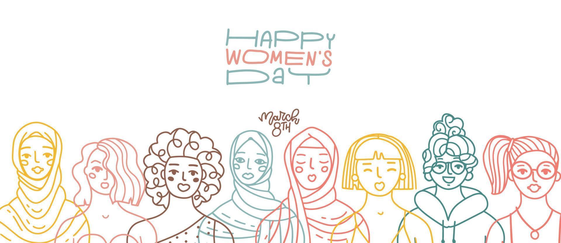 tarjeta de felicitación del día de la mujer feliz. retratos abstractos de diferentes mujeres en estilo lineal. Empoderamiento de las mujeres. ilustración dibujada a mano de fideos lineales vectoriales horizontales con texto de saludo de letras. vector