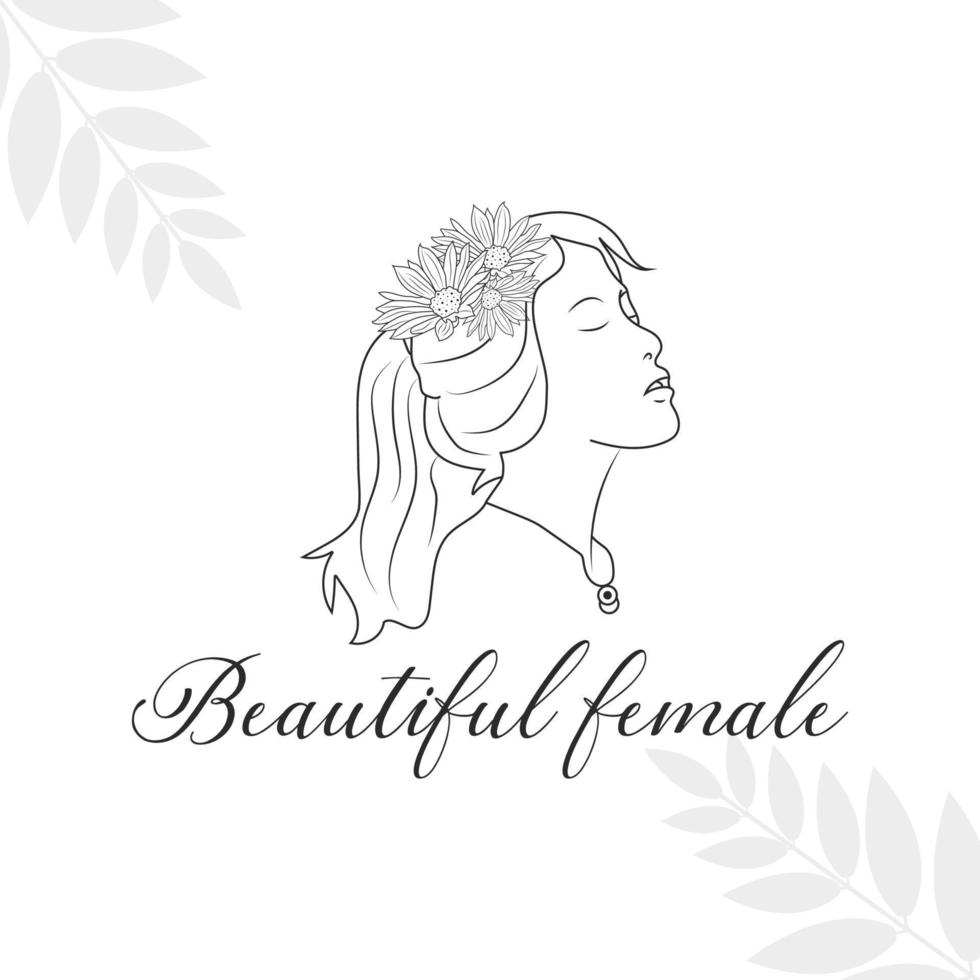 Botanical Floral element Hand Drawn line art female Logo with Wild Flower and Leaves. Logo for spa and beauty logo vector