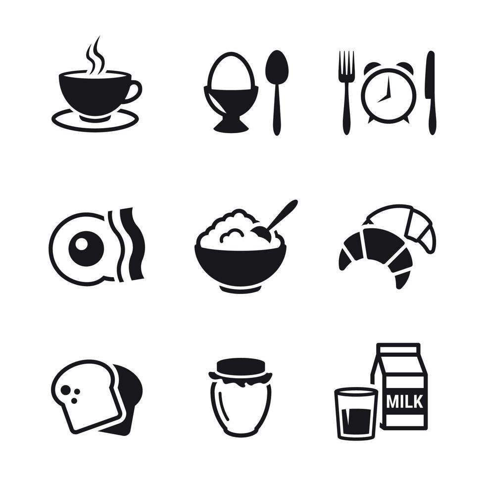 conjunto de iconos de desayuno. Negro sobre un fondo blanco vector
