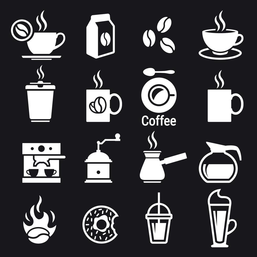 conjunto de iconos de café. blanco sobre un fondo negro vector