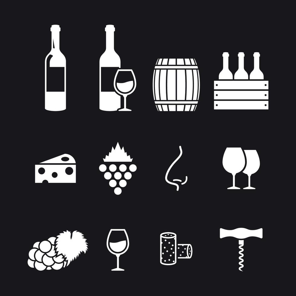 conjunto de iconos de vino. blanco sobre un fondo negro vector