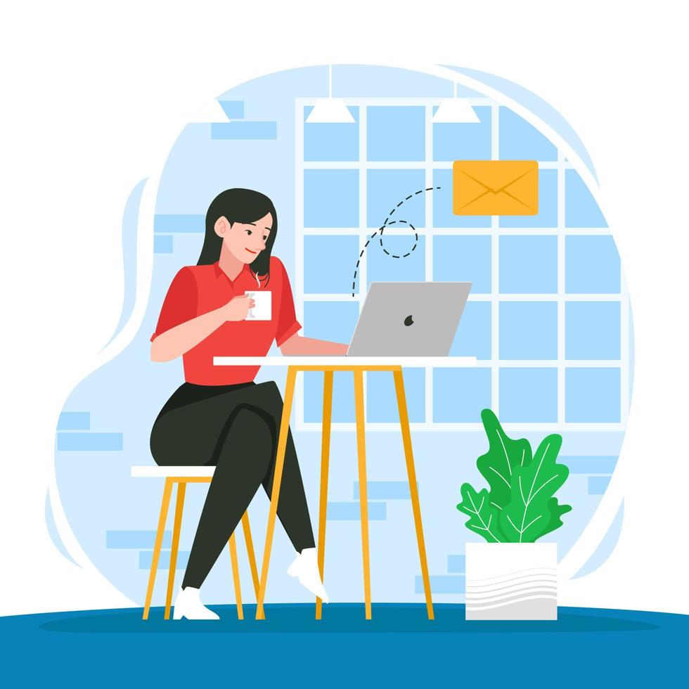 Young Girl Enjoying Coffee while Reading and Replying to Emails vector
