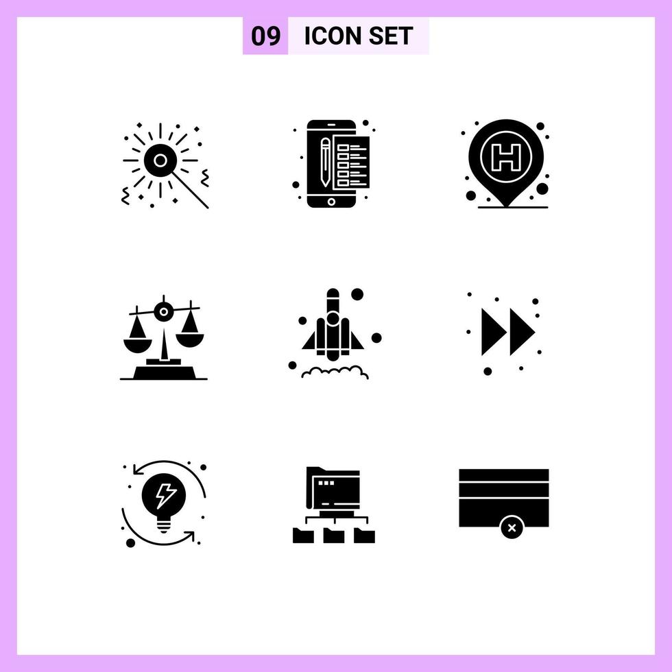 Universal Icon Symbols Group of 9 Modern Solid Glyphs of rocket baluance hospital law gdpr Editable Vector Design Elements