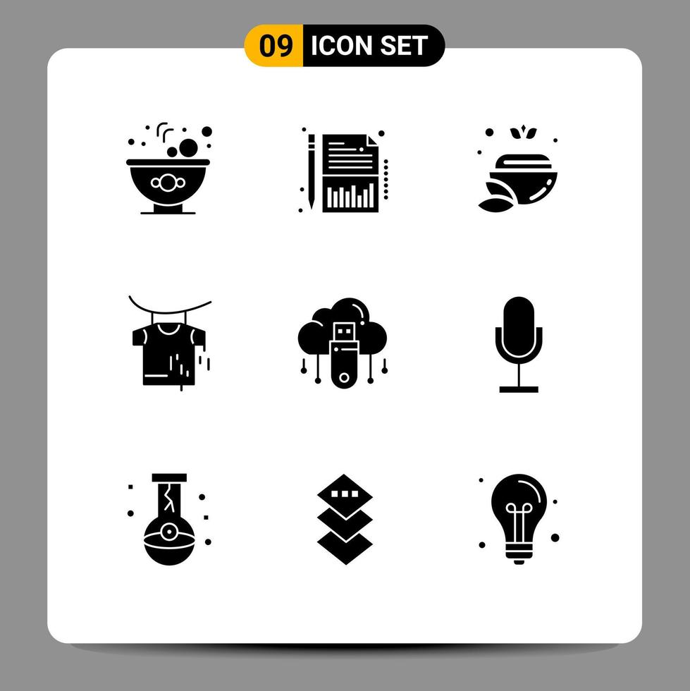 Mobile Interface Solid Glyph Set of 9 Pictograms of cloud data bowl usb drying Editable Vector Design Elements