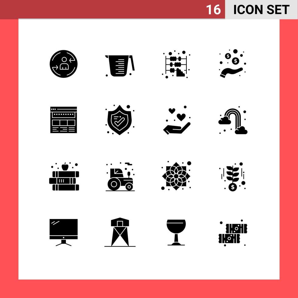 Modern Set of 16 Solid Glyphs and symbols such as browser coins abacus money hand Editable Vector Design Elements