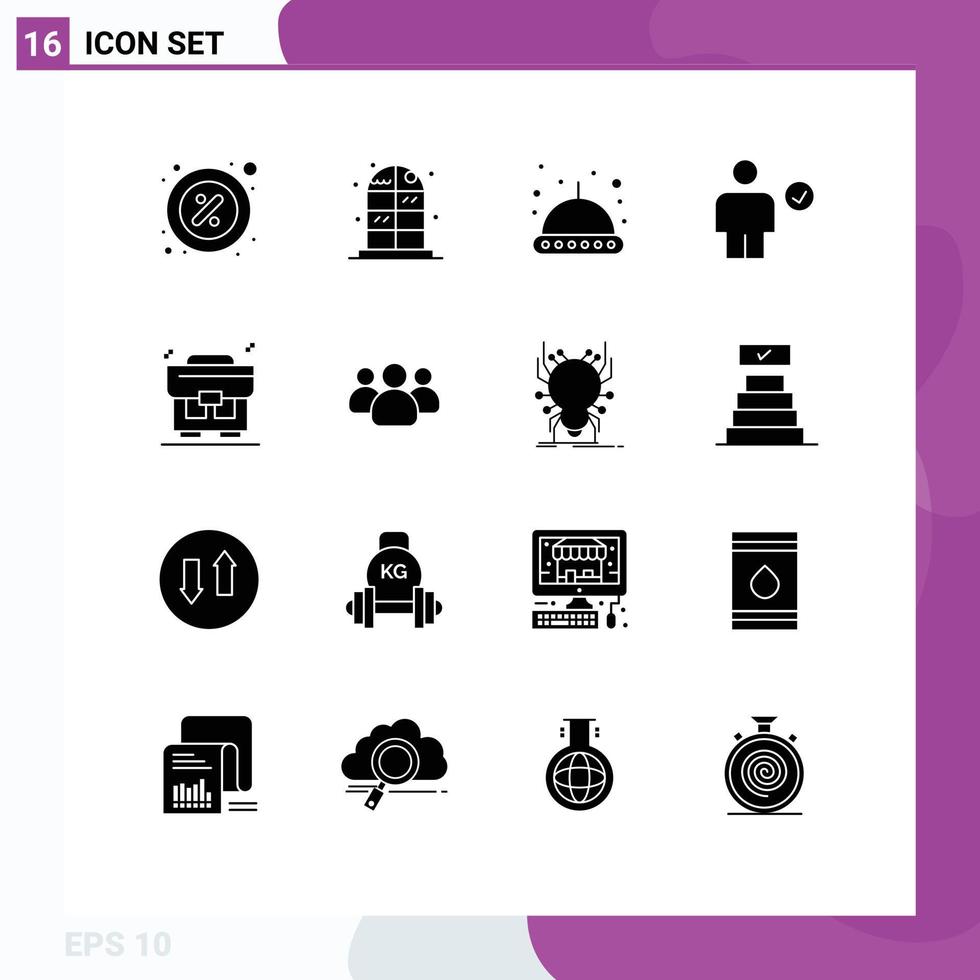Pictogram Set of 16 Simple Solid Glyphs of bag done astronomy complete body Editable Vector Design Elements
