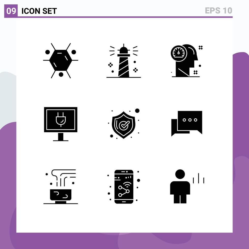 Set of 9 Commercial Solid Glyphs pack for shield tv dashboard internet thinking Editable Vector Design Elements