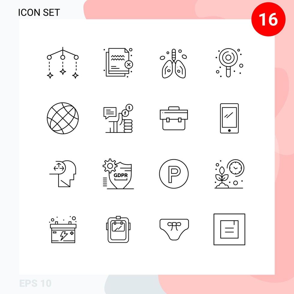 Modern Set of 16 Outlines Pictograph of communication lollypop pollution kids organ Editable Vector Design Elements