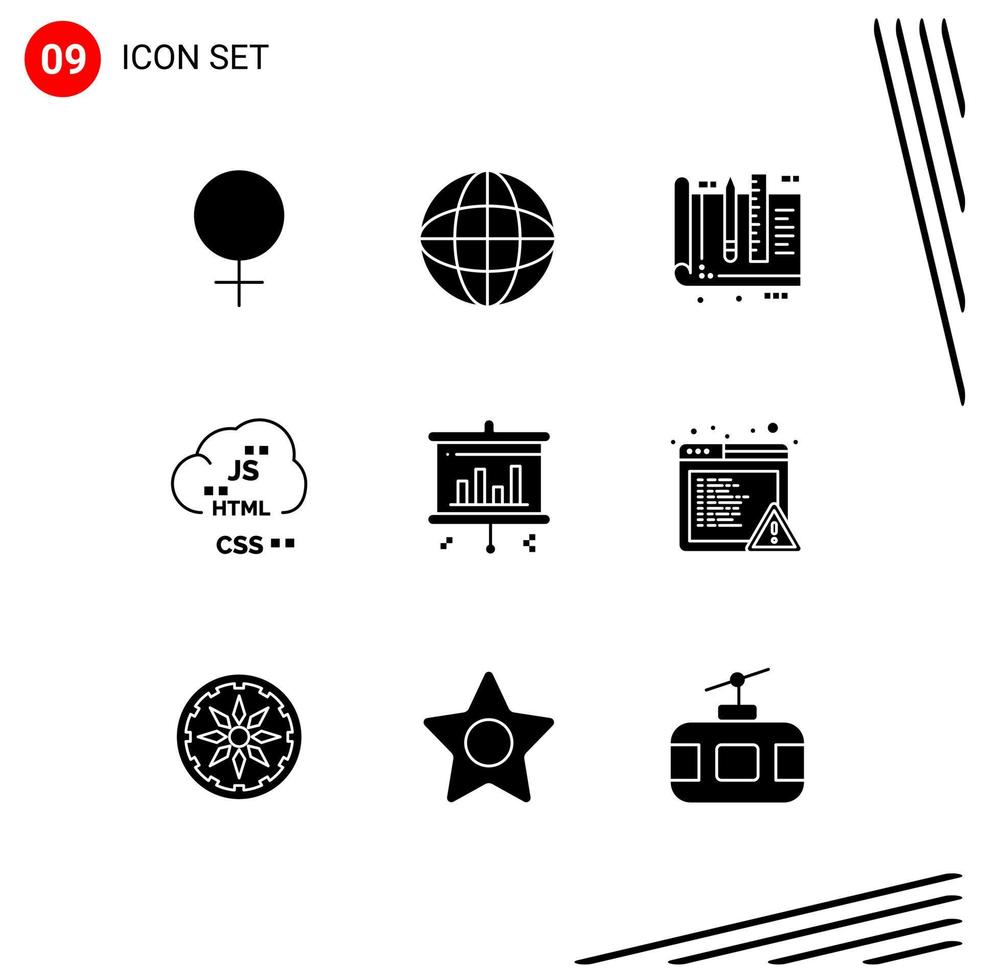 Modern Set of 9 Solid Glyphs Pictograph of bar develop design coding cloud Editable Vector Design Elements