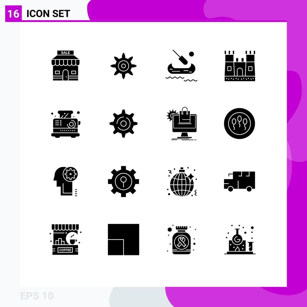 Pack of 16 Modern Solid Glyphs Signs and Symbols for Web Print Media such as gear toaster canada kitchen breakfast Editable Vector Design Elements