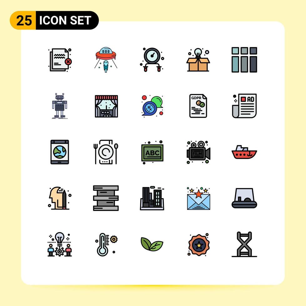 Pack of 25 creative Filled line Flat Colors of frame box spaceship bulb jump rope Editable Vector Design Elements