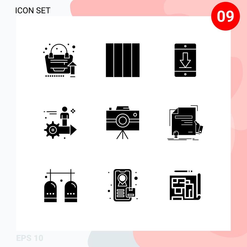 Mobile Interface Solid Glyph Set of 9 Pictograms of handycam man devices user gear Editable Vector Design Elements