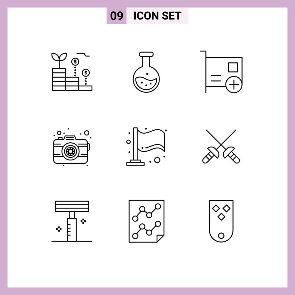 Group of 9 Outlines Signs and Symbols for lens photo education camera devices Editable Vector Design Elements