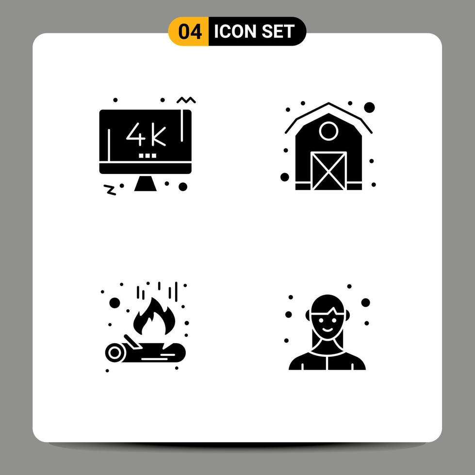 Solid Glyph Pack of 4 Universal Symbols of monitor flame pc farm female Editable Vector Design Elements