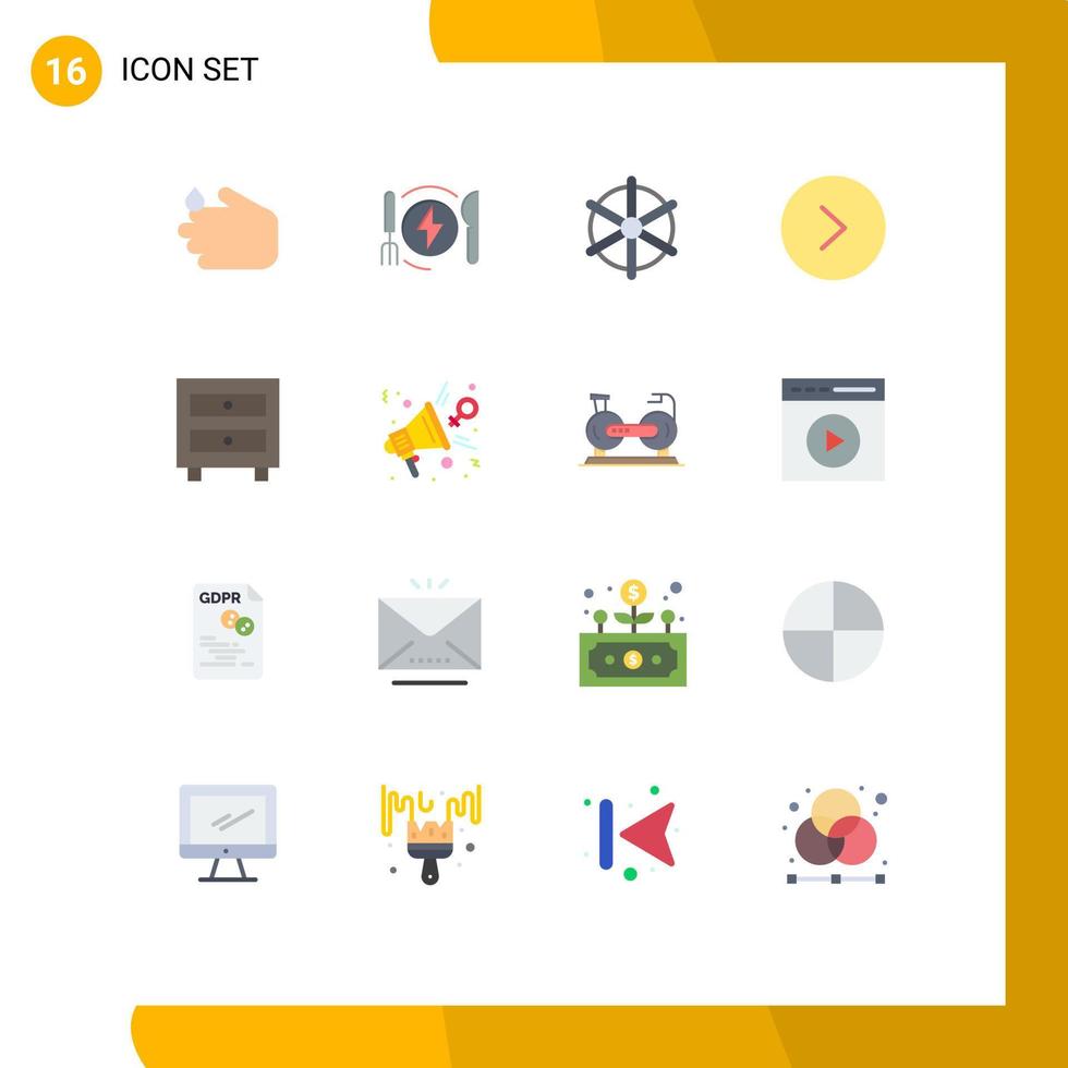 grupo de 16 signos y símbolos de colores planos para el paquete editable de elementos creativos de diseño de vectores con la flecha derecha del barco del gabinete interior