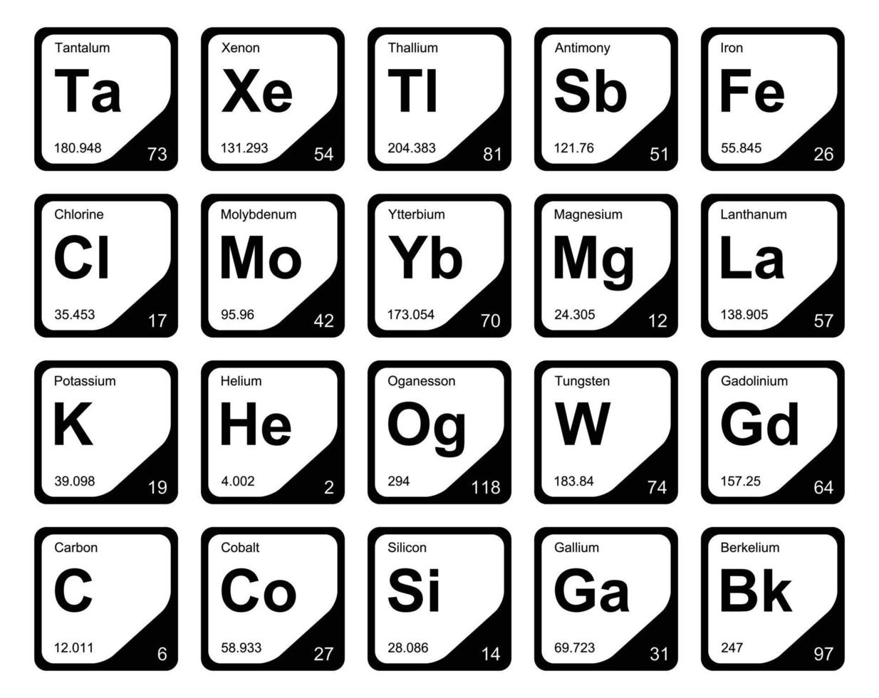 diseño de paquete de iconos de 20 tablas preiodicas de los elementos vector