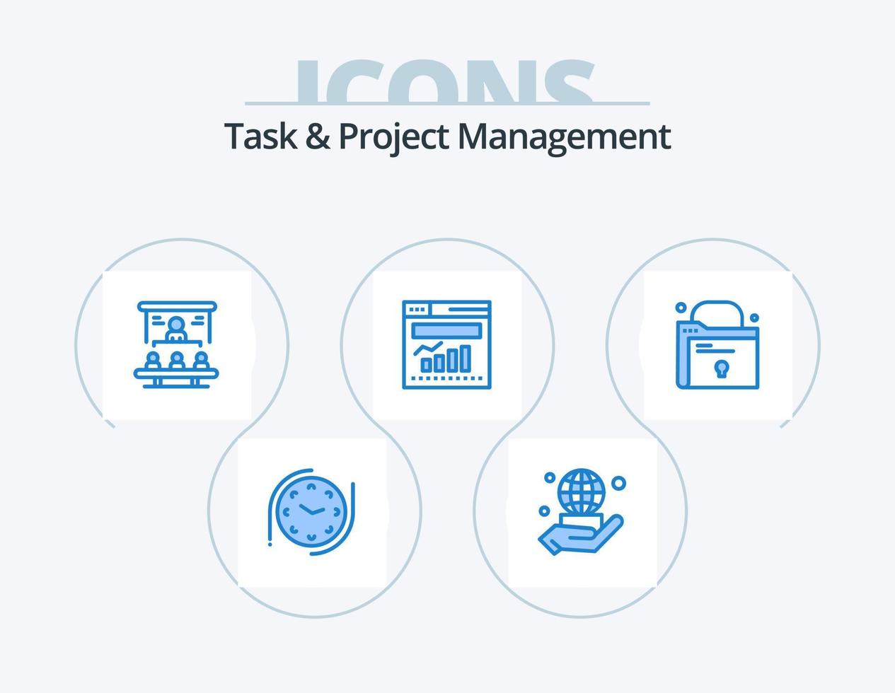 Task And Project Management Blue Icon Pack 5 Icon Design. file. web. market share. internet. chart vector